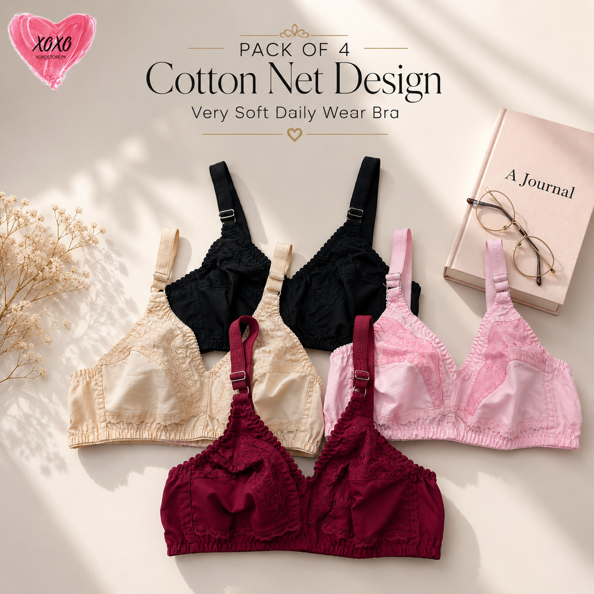 Pack of 4 Cotton Net Design Very Soft Daily Wear Bra
