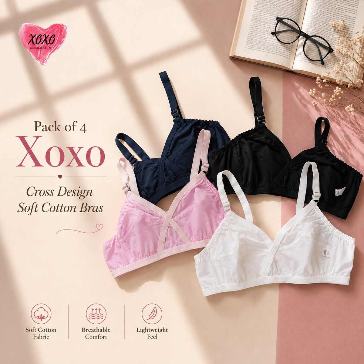 Pack of 4 Easywear Cross Design Very Soft Cotton Bras