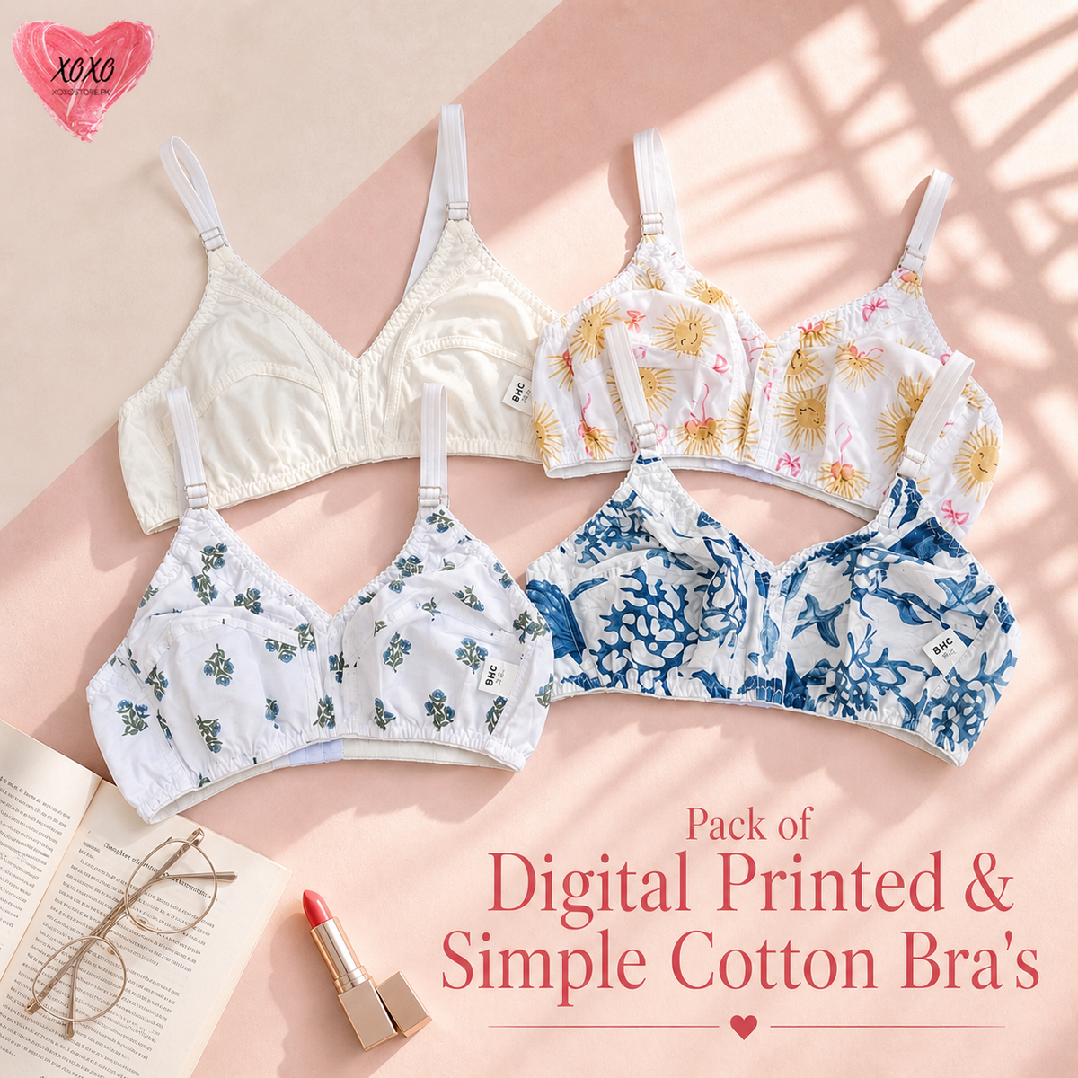 Pack of 4 Easywear Digital Printed & Simple Cotton Bra's