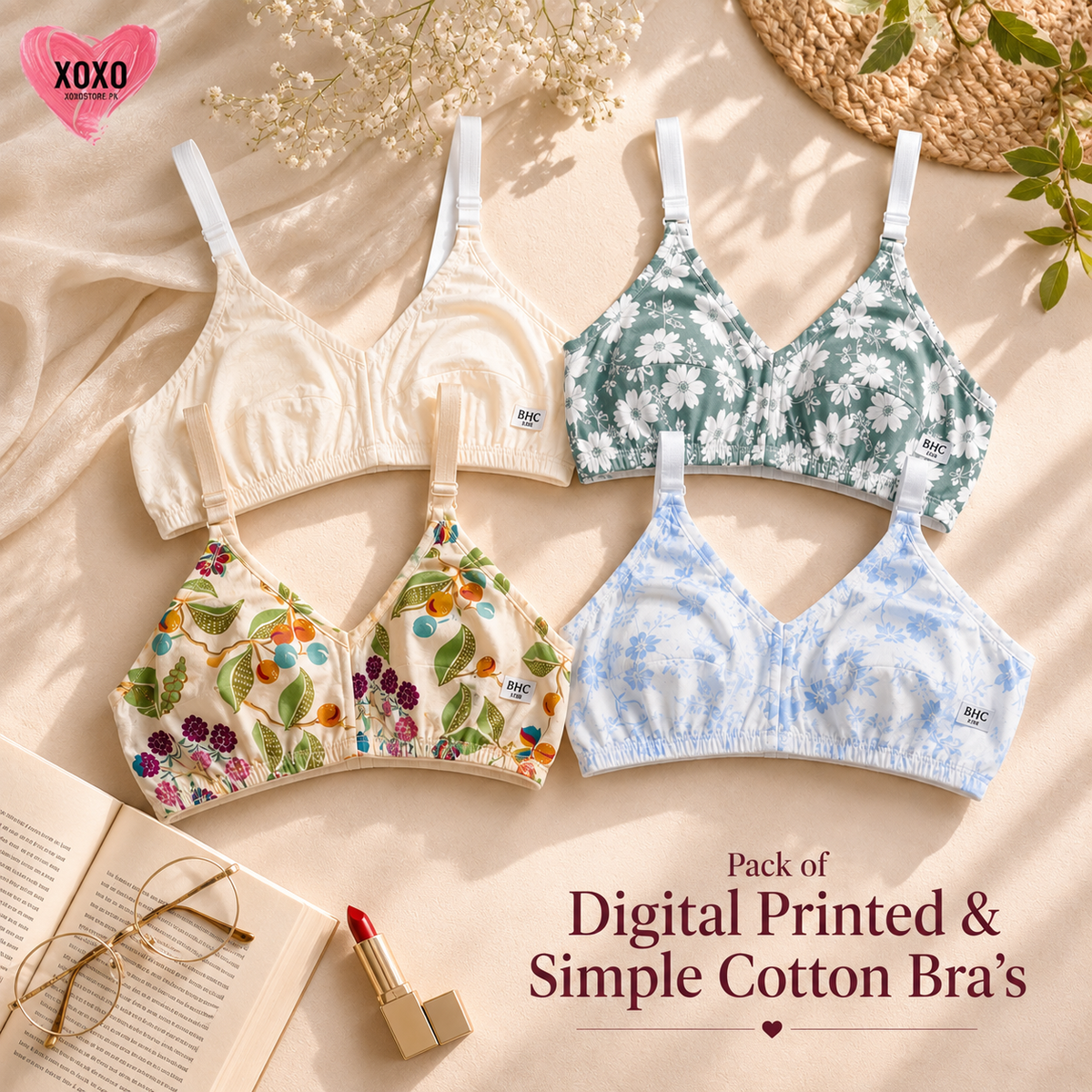 Pack of 4 Easywear Digital Printed & Simple Cotton Bra's