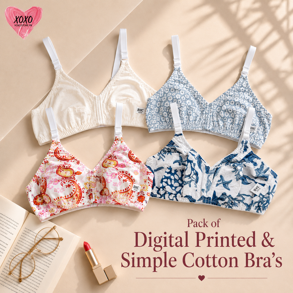 Pack of 4 Easywear Digital Printed & Simple Cotton Bra's