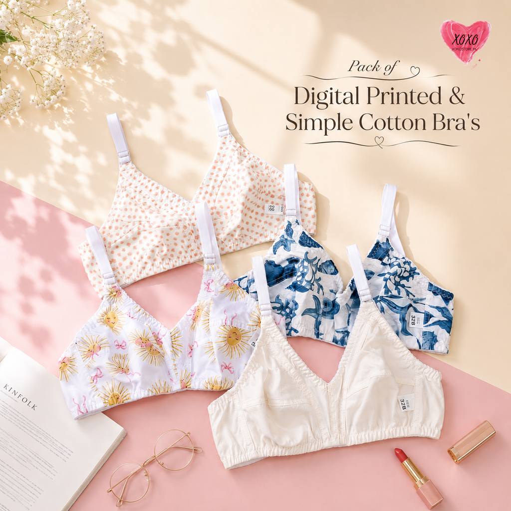 Pack of 4 Easywear Digital Printed & Simple Cotton Bra's