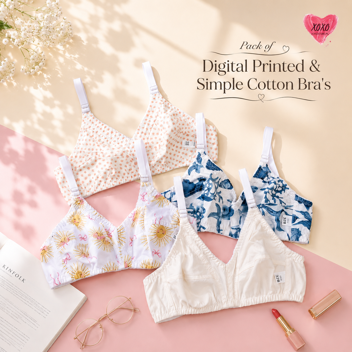 Pack of 4 Easywear Digital Printed & Simple Cotton Bra's