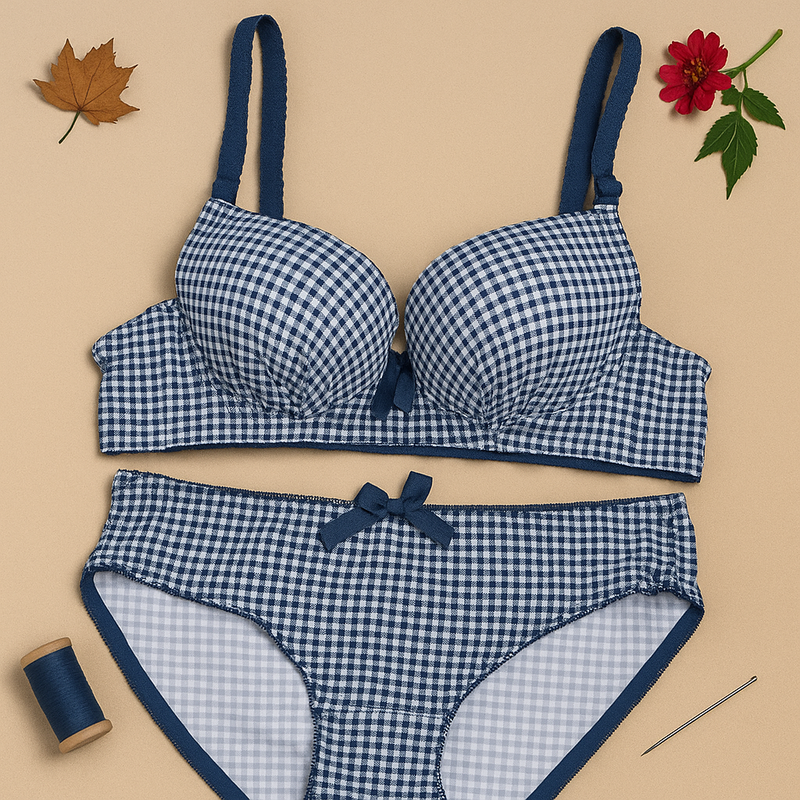 Bow Dotted Wired Cotton Pushup Bra Set