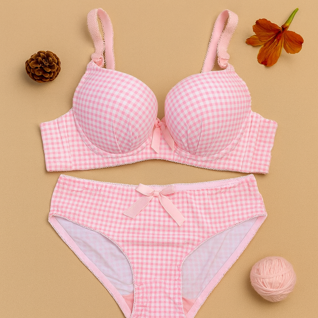 Bow Dotted Wired Cotton Pushup Bra Set
