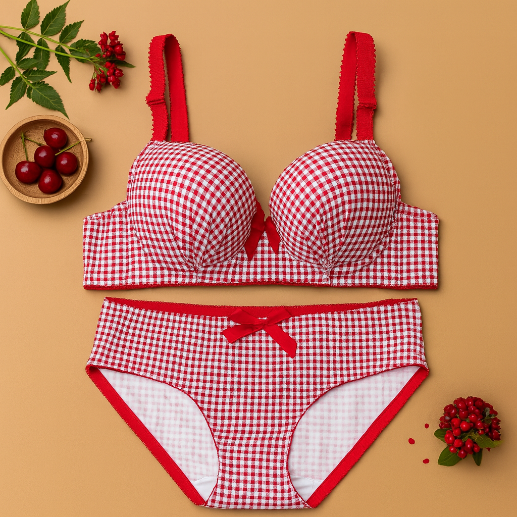 Bow Dotted Wired Cotton Pushup Bra Set