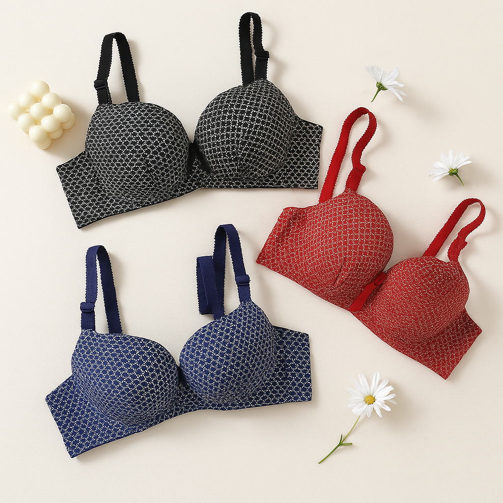 Dotted Cotton Medium Padded Laced Wired Pushup Bra