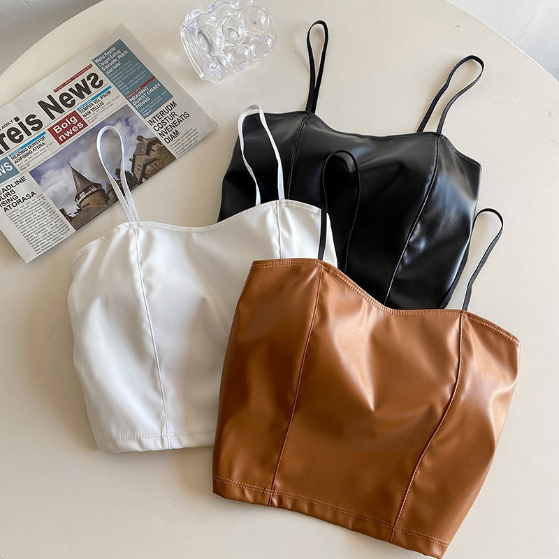 Retro Pu Leather Camisole/ Tank Top with Built-In Bra Pads