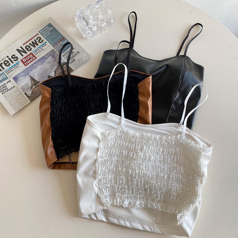 Retro Pu Leather Camisole/ Tank Top with Built-In Bra Pads