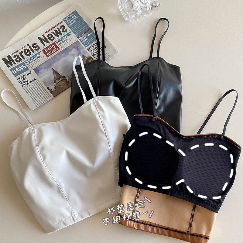 Retro Pu Leather Camisole/ Tank Top with Built-In Bra Pads