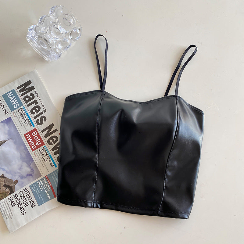 Retro Pu Leather Camisole/ Tank Top with Built-In Bra Pads