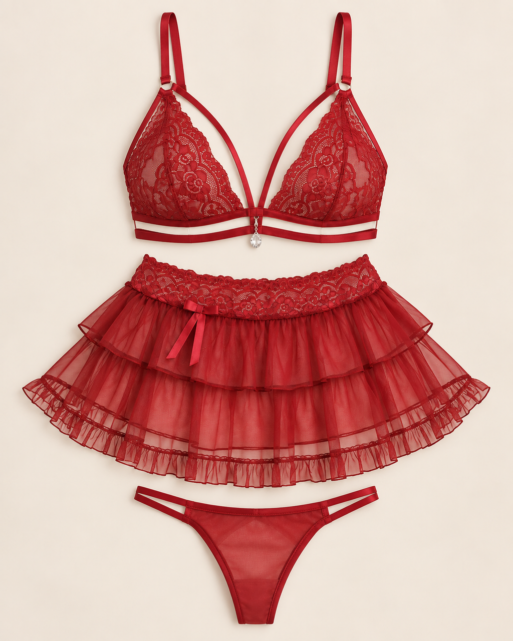 Red lace 3 piece nightwear set flat lay