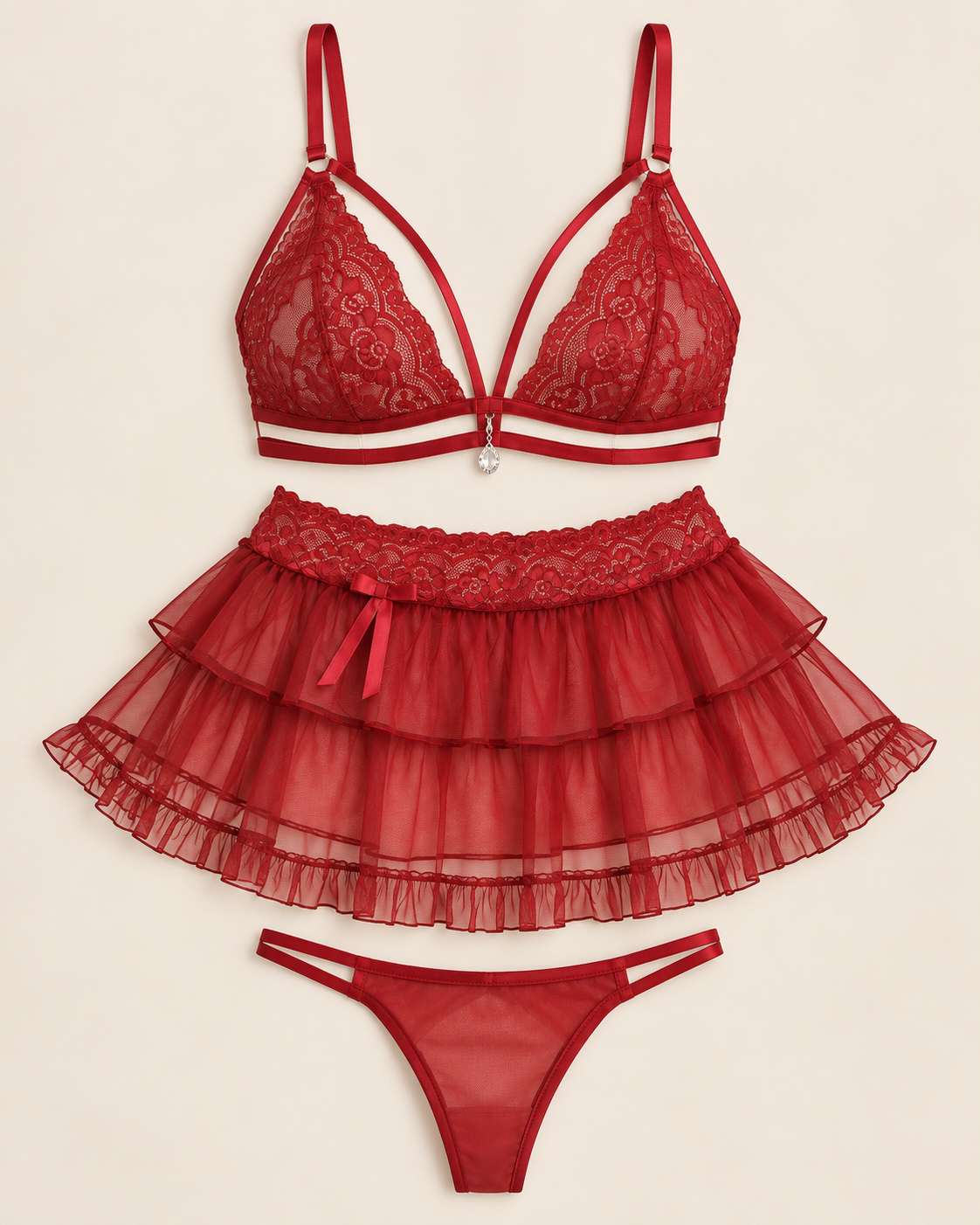 Red lace 3 piece nightwear set flat lay