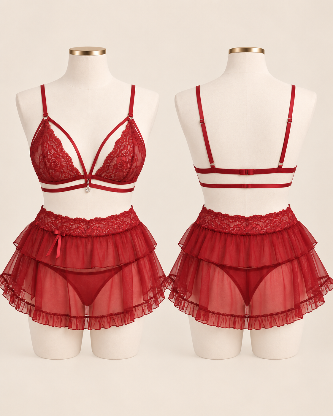 Red lace nightwear set front and back view