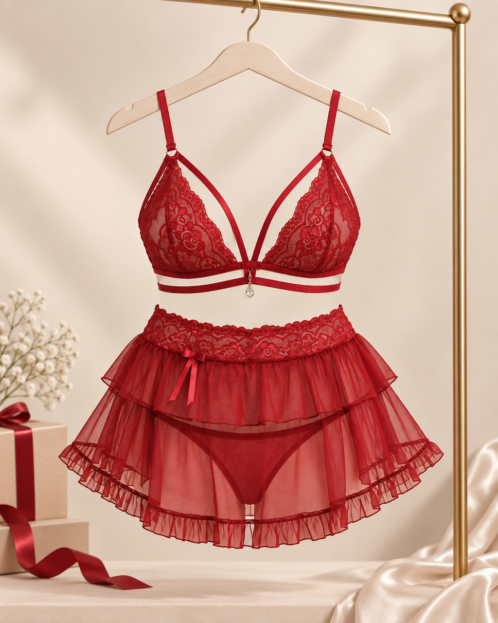 Red lace nightwear set on hanger