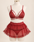 Red lace 3 piece nightwear set for women front view