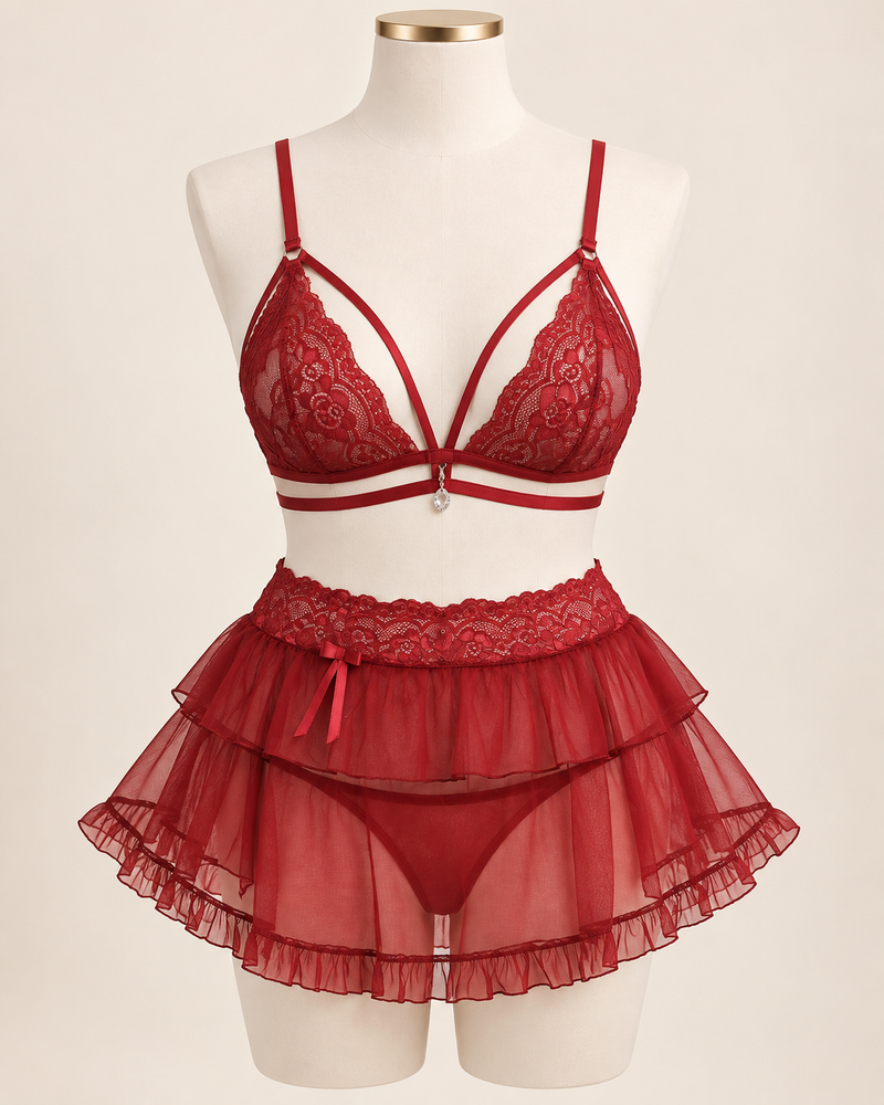 Red Lace 3 Piece Nightwear Set for Women (5935)